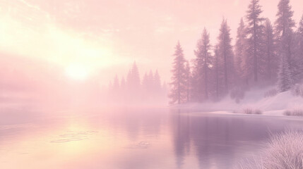 Fototapeta premium A serene winter landscape with a frozen lake, reflecting snow-covered pine trees under a pale pink sunrise, soft morning mist drifting across the lake
