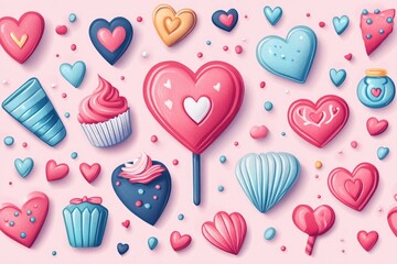 Heart-shaped lollipop, cupcakes, and cookies celebrating valentine's day