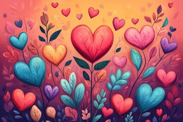 Colorful heart-shaped flowers growing in a magical garden