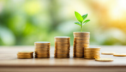 Coin stacks on a table, Saving money concept