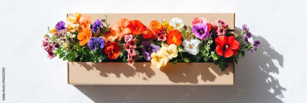 Aufkleber Fresh colorful flowers in a cardboard delivery box on a white background with empty space for text. Generative AI