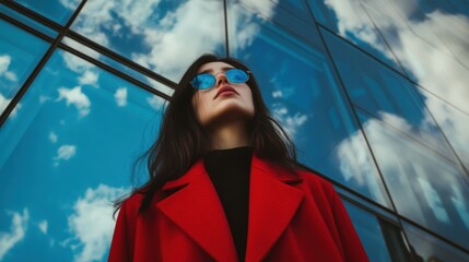 Street photo of a young woman in a red coat. Created with Generative AI