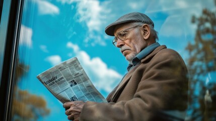 Street photo of an old man reading a newspaper. Created with Generative AI