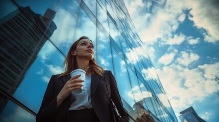 Street photo of a businesswoman with coffee. Created with Generative AI