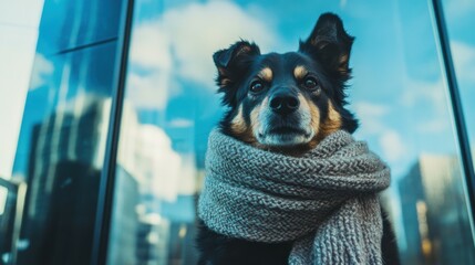 Street photo of a dog with a scarf. Created with Generative AI