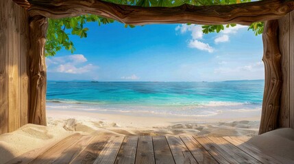 Tropical Beach View Through Wooden Frame