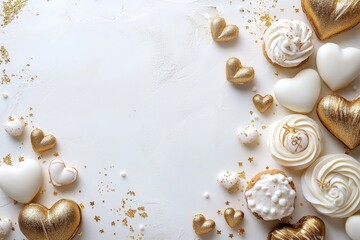 Valentine day romantic background with golden and white heart shaped decorations and cupcakes