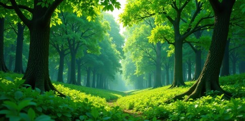 Obraz premium Vibrant green forest with lush foliage and towering trees, green, nature