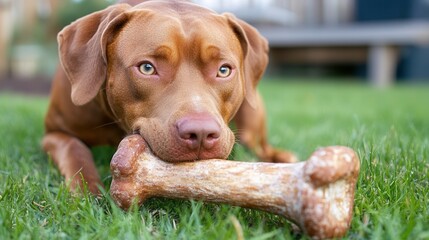 Dog Chewing Bone in Grassy Backyard with Bright Light