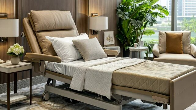 Modern hospital room featuring a comfortable adjustable bed with soft linens and bright natural light