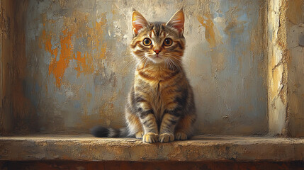 Obraz premium playful mixed breed tabby cat sitting on rustic shelf, looking curious