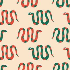 Colorful snakes hand drawn vector illustration. Amazonian jungle serpents seamless pattern for kids fabric or wallpaper.