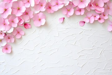 Obraz premium Pink Blossoms on White Texture - Delicate pink flowers, floral border, textured background, springtime, elegance.