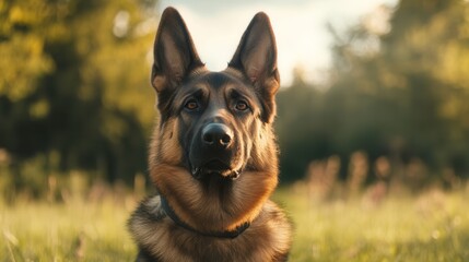 Naklejka premium Dog Sitting in Grassy Field Under Natural Light
