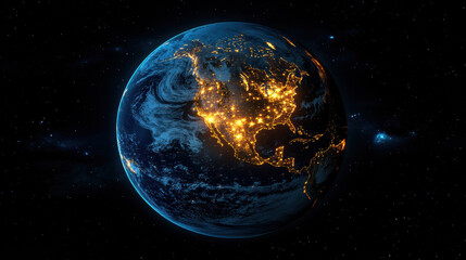 glowing Earth with illuminated city lights, showcasing North America at night