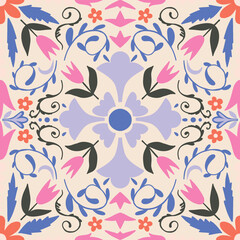 Square Tile seamless pattern. Floral tile seamless print. Botanical tile ornament.  Perfect for textiles, wallpapers, gift wrapping, packaging, and creative crafts projects.