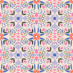 Square Tile seamless pattern. Floral tile seamless print. Botanical tile ornament.  Perfect for textiles, wallpapers, gift wrapping, packaging, and creative crafts projects.