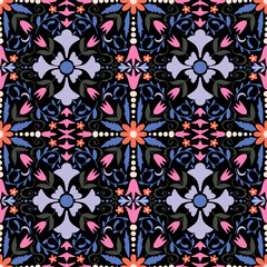 Square Tile seamless pattern. Floral tile seamless print. Botanical tile ornament.  Perfect for textiles, wallpapers, gift wrapping, packaging, and creative crafts projects.