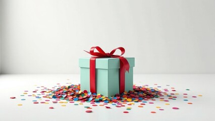 A mint green present box adorned with a vibrant red ribbon sits nestled amidst a vibrant scattering of colorful confetti, symbolizing celebration and joy.
