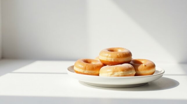 Sweet glazed donuts arranged on a plate in bright sunlight