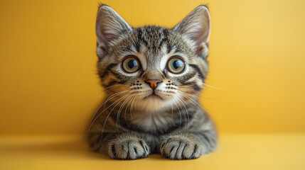 curious tabby kitten with big blue eyes on yellow background
