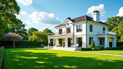 Fototapeta premium A sunlit expansive lawn graces the front of a stately white two-story house with classical columns and a balcony, bordered by meticulously manicured hedges