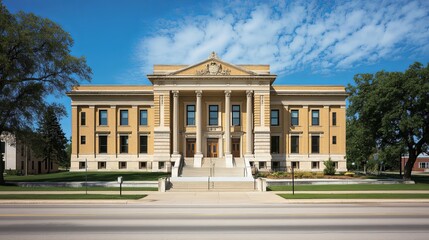 Naklejka premium Majestic Courthouse Exterior with Grand Entrance, Columns, and Steps; Architectural Beauty, Natural Light, and Symmetry in Legal Justice