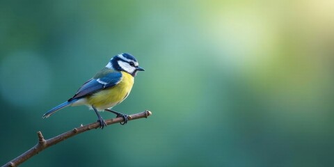 Fototapeta premium A vibrant blue and yellow bird perched delicately on a slender branch against a soft, blurred natural backdrop, showcasing its exquisite plumage and the serene beauty of nature