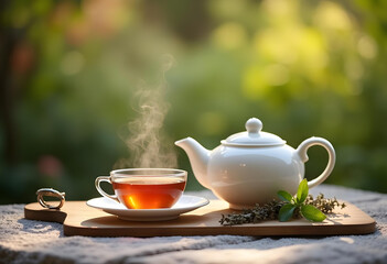 steaming cup of tea with teapot on wooden tray, surrounded by fresh herbs, creates serene and inviting atmosphere. Perfect for relaxation and enjoyment