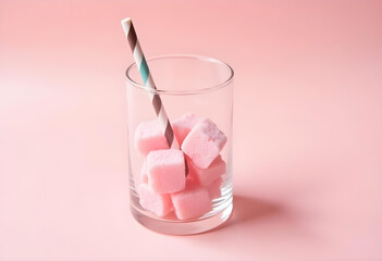 Delightful pink marshmallows in clear glass with striped straw, set against soft pink background, evoke sense of sweetness and nostalgia