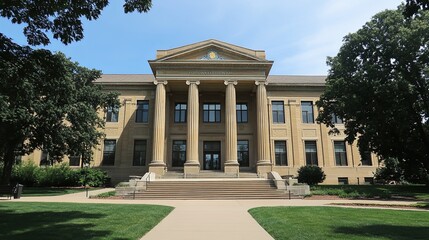 Obraz premium Majestic Courthouse Exterior with Grand Entrance, Columns, and Steps; Architectural Beauty, Natural Light, and Symmetry in Legal Justice