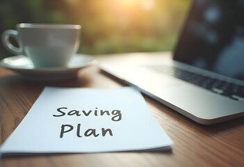 cup of coffee beside laptop and document titled Saving Plan on wooden table, symbolizing financial planning and productivity