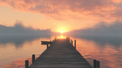 Obraz premium A serene wooden pier at sunrise, vibrant orange and pink hues reflecting on the calm waters, soft mist rising from the horizon