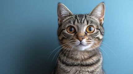 Fototapeta premium striped tabby cat with bright eyes sitting against blue background