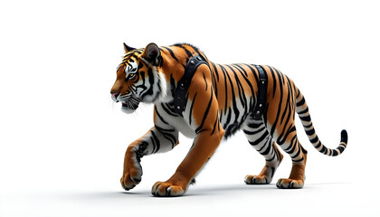 Obraz premium realistic tiger walking confidently, showcasing its striking orange and black stripes, adorned with harness. image captures majestic beauty and power of this wild animal