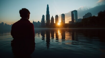 Fototapeta premium Sunrise Cityscape Person Watching Skyline Reflection