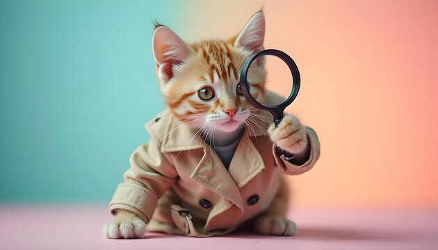 Clever orange tabby kitten wearing coat, holding magnifying glass, exploring with curiosity. playful and adorable scene that captures essence of discovery