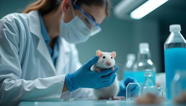 scientist in lab coat examines white rat in laboratory setting, showcasing focus on research and animal care. environment is sterile and professional, emphasizing scientific inquiry