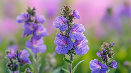 Close-up of vibrant purple flowers blooming against a soft pink and green background, showcasing nature's delicate beauty, Ai Generation