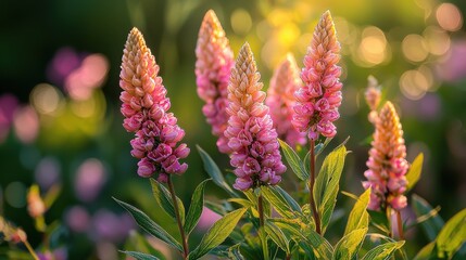 Obraz premium Lavender flowers in full bloom with a magical golden bokeh sunset background, vibrant and calming natural scene, Ai Generation