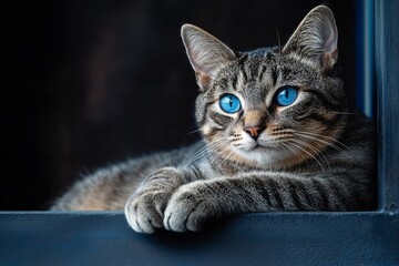 Obraz premium Tabby Cat Resting by Window - Serene tabby cat with striking blue eyes rests peacefully near a window, symbolizing tranquility, companionship, domestic bliss, feline grace, and quiet contemplation.