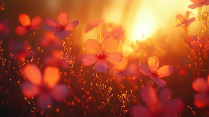 Glowing red wildflowers bathed in warm golden sunlight, creating a vibrant and enchanting natural scene, Ai Generation