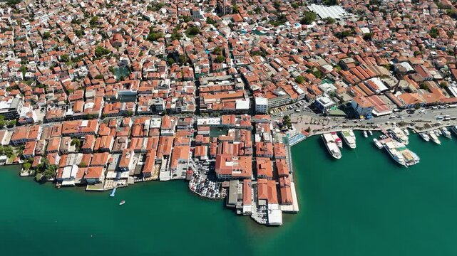 Aerial View of Ayvalık Coastal Businesses and Cityscape, Turkey