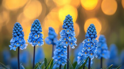 Beautiful close-up of blue grape hyacinth flowers in a spring garden with golden bokeh in the background, Ai Generation