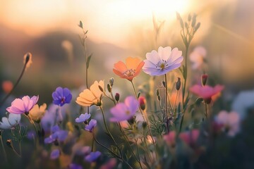 Close-Up of Elegant Pink Flowers on a Branch with Soft Bokeh Background, Delicate Petals and Dreamy Pastel Tones in Nature, Ai Generation