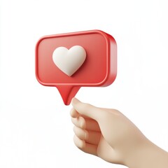 Fototapeta premium A stylized hand holding a red speech bubble with a white heart, symbolizing love and communication.