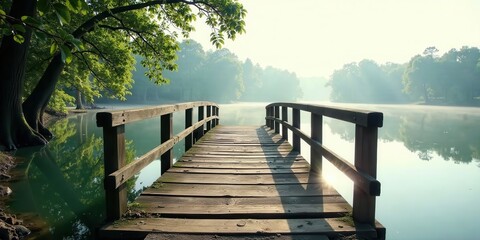 Serene Sunrise Wooden Footbridge Extending Over Still Lake Waters, Mist Shrouding Distant Trees, Peaceful Atmosphere