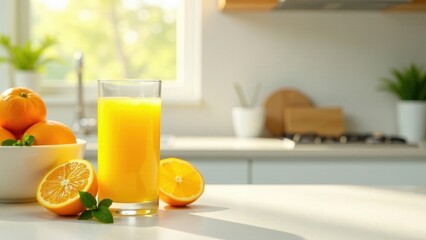 Fototapeta premium A refreshing glass of citrus juice sits on a bright kitchen counter, accompanied by several pieces of juicy fruit and a sprig of mint