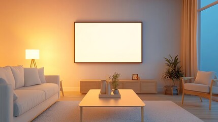 Modern living room with cozy lighting and decor.