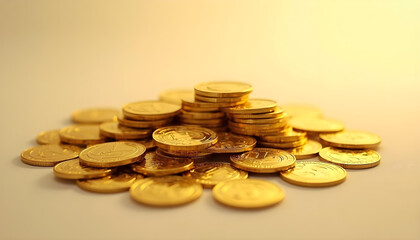 pile of shiny gold coins stacked together, reflecting light beautifully. warm glow enhances richness of coins, creating inviting and luxurious feel